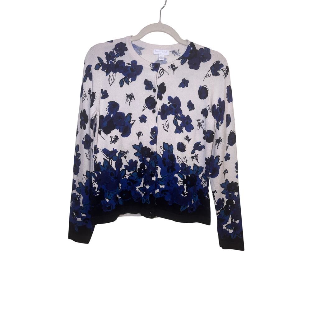 Charter Club Petite Small Floral Cardigan Sweater Blue White Button Front‎